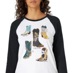 Wrangler Boots Baseball Tee -Marys Tack and Feed Store boots baseball tee wht.black detail 112321691 wrangler 23113.1663110529