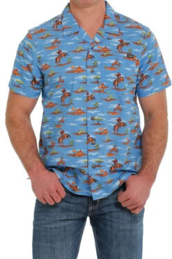 Men's Cinch Camp Tumbleweed Bronc Shirt -Marys Tack and Feed Store camp tumbleweed bronc ss blue front MTW1401024 cinch 40316.1678752984