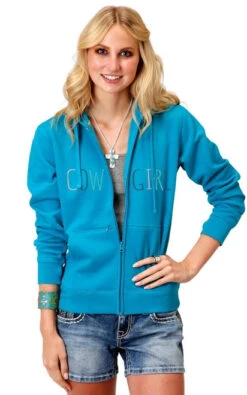 Roper Cowgirl Zip Hoodie With Thumb Holes -Marys Tack and Feed Store cowgirl hoodie thumb holes blue front 0309805144033 roper 38109.1653413363