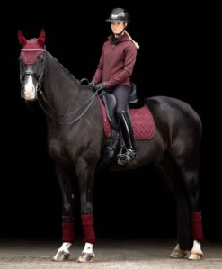 LeMieux Crystal Ear Bonnet SS24 -Marys Tack and Feed Store crystal fly hood ss24 burgundy lifestyle web IT03585 lemieux 24404.1723074080