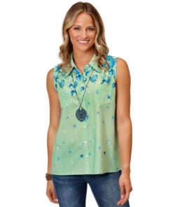 Roper Southwest Floral Shirt Sleeveless -Marys Tack and Feed Store floral sleeveless green front1 0305205900574 roper 97131.1686073219