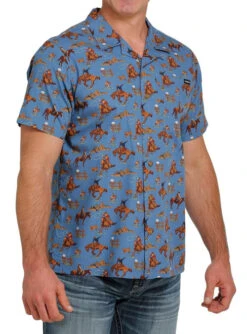 Men's Cinch Horse Print Camp Shirt -Marys Tack and Feed Store horse print camp shirt blue side MTW1401009 miller 13299.1668118849