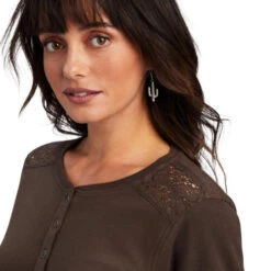 Ariat Lace Shoulder Henley Long Sleeve -Marys Tack and Feed Store lace shoulder henley ls brazil nut detail 10041342 ariat 88027.1659990898