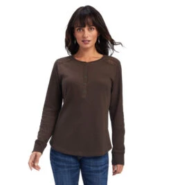 Ariat Lace Shoulder Henley Long Sleeve -Marys Tack and Feed Store lace shoulder henley ls brazil nut front 10041342 ariat 30395.1659990904
