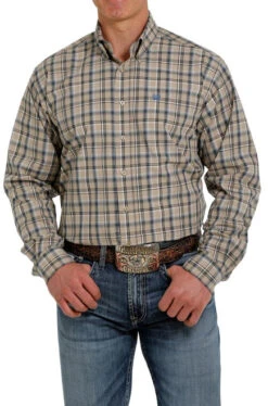 Cinch Plaid Button Down Shirt Long Sleeve -Marys Tack and Feed Store plaid button ls khaki front MTW1105327 cinch 81023.1655495182