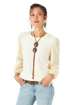 Wrangler Eyelet Poet Sleeve Top -Marys Tack and Feed Store poet sleeve top light tan front 112315051 wrangler 98707.1654210779