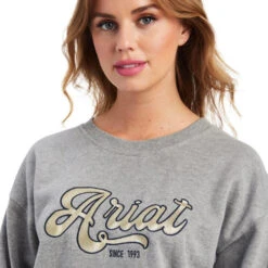Ariat REAL Metallic Varsity Logo Crop Sweatshirt -Marys Tack and Feed Store real metallic varsity crop heather grey detail 10041817 ariat 35868.1660599776