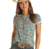 Rock & Roll Scenery Print Tee -Marys Tack and Feed Store scenery print tee teal front RRWT21R0Y4 rock n roll denim 73765.1677724720
