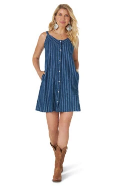 Wrangler Snap Front Dress -Marys Tack and Feed Store snap front indigo dress front full WD161B wrangler 82968.1615761797