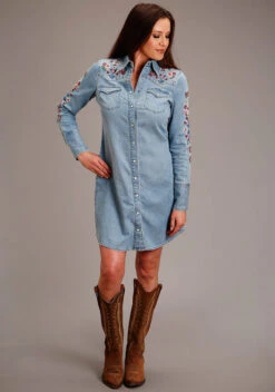 Stetson Southwest Embroidered Denim Dress -Marys Tack and Feed Store southwest embroidered dress denim front 1105705942010 stetson 72548.1678230659