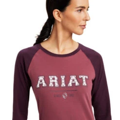 Ariat Varsity Logo Tee Long Sleeve -Marys Tack and Feed Store varsity tee ls mulberry pink detail 10041354 ariat 84690.1661214409