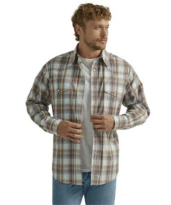 Men's Wrangler Wrinkle Resist Brown Plaid Shirt
